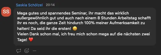 Chat-Nachricht von Teilnehmenden aus einem heyfreiheit Online-Workshop