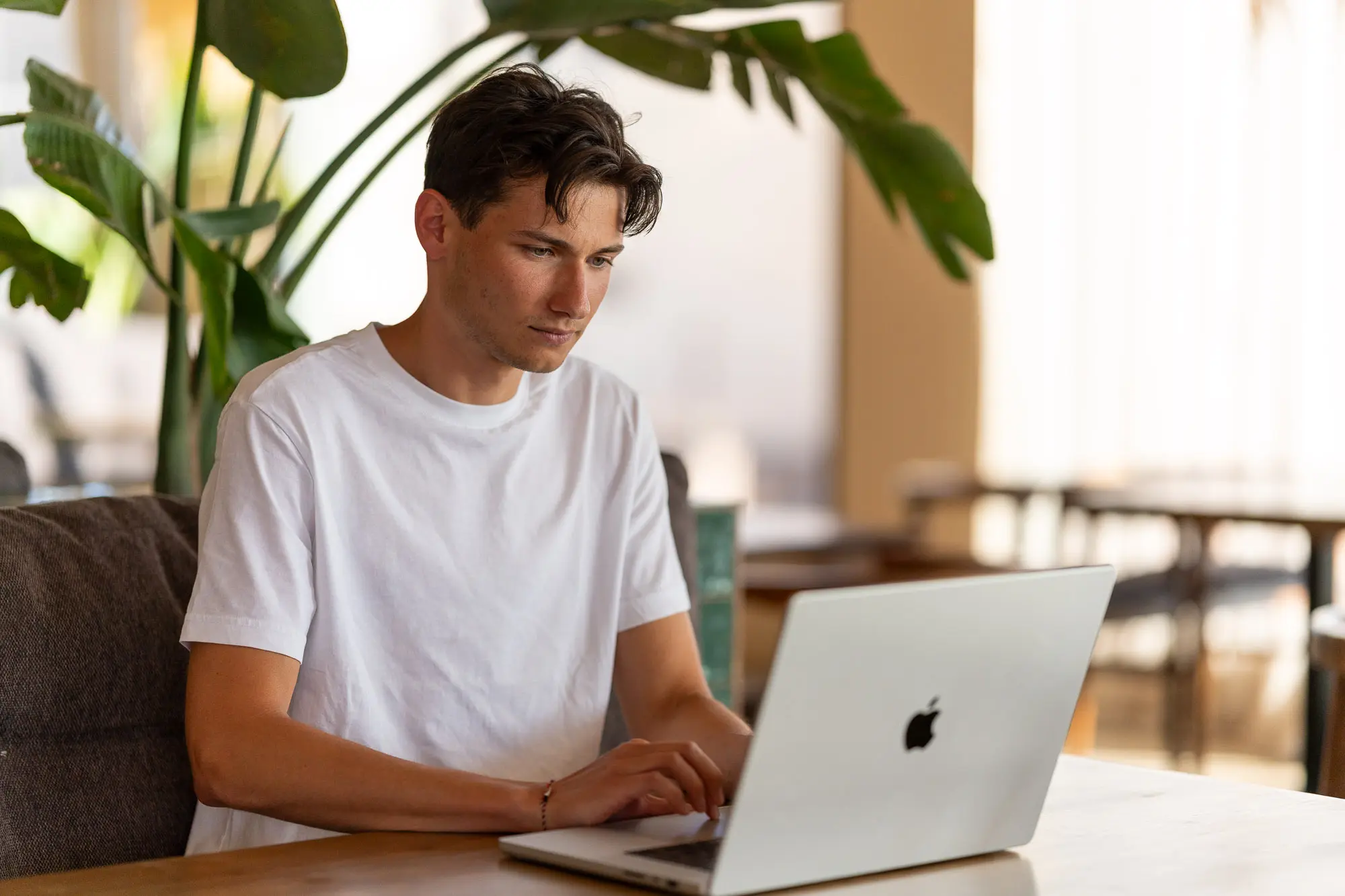 Franz arbeitet konzentriert am Laptop in einem hellen Café mit Pflanzen