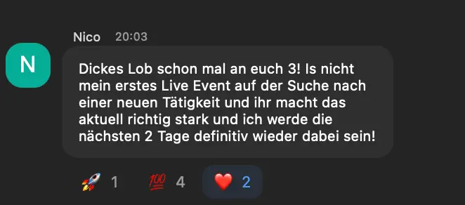 Chat-Nachricht von Teilnehmenden aus einem heyfreiheit Online-Workshop