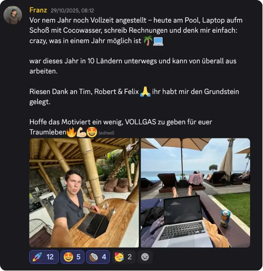 Franz’ Beitrag in der heyfreiheit-Community: vom Vollzeitjob an den Pool mit Laptop
