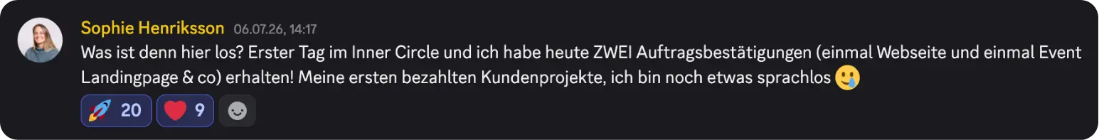 Sophie Henriksson im Community-Discord: zwei Auftragsbestätigungen am ersten Tag