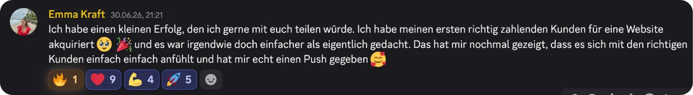 Emma Kraft im Community-Discord: erster zahlender Kunde für eine Website