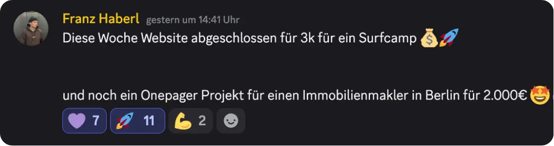 Franz Haberl im Community-Discord: Website für 3.000 € und Onepager für 2.000 € abgeschlossen