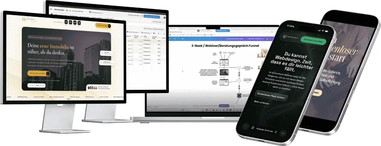 Beispiele aus Praxis-Cases: Landing Pages, Werbeanzeigen und ein Funnel-Plan auf Bildschirmen und Smartphones