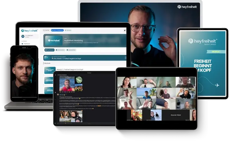 Das heyfreiheit Mentoring auf Laptop, Tablet und Smartphone: Kursplattform, Live-Calls und Community